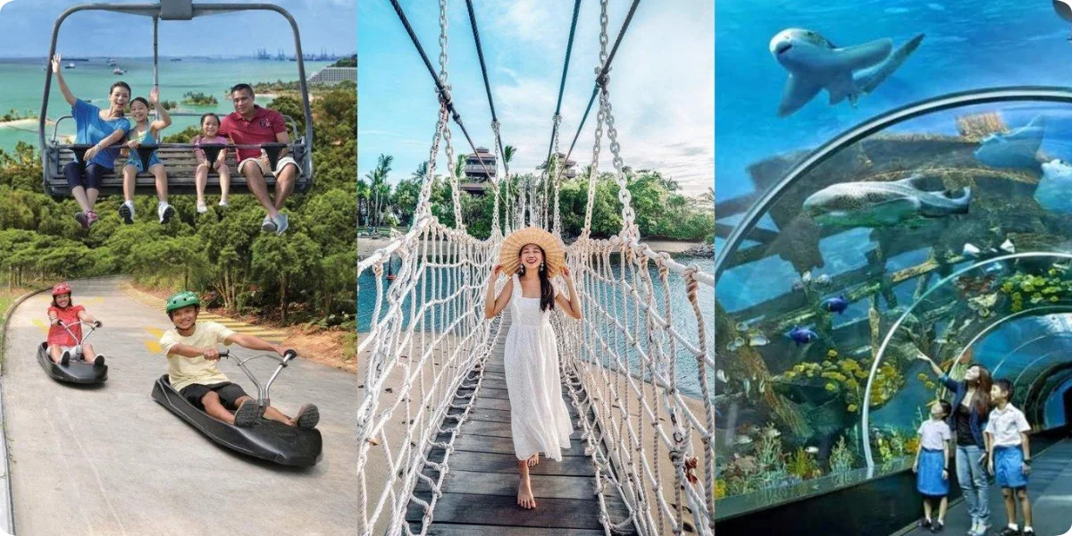 A collage featuring people enjoying a swing and a boat ride on Sentosa Island, showcasing fun outdoor activities.
