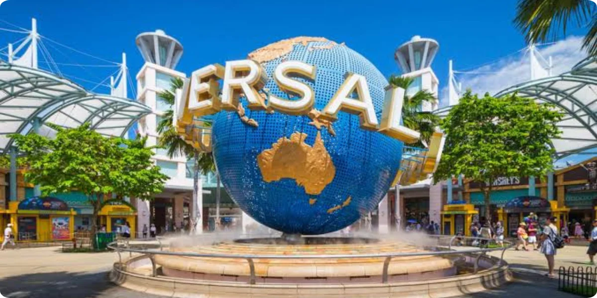 A vibrant shopping mall in Universal Studios Singapore, featuring various stores and bustling crowds enjoying their shopping experience.
