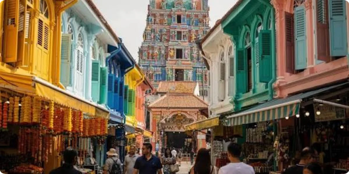 A bustling narrow street in Little India, featuring pedestrians and bright, colorful architecture.