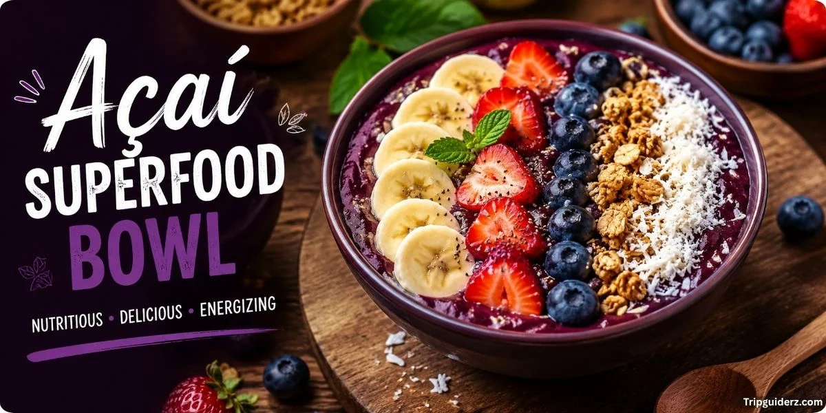 Açaí superfood bowl topped with granola, fresh berries, and banana slices, served in a white bowl.