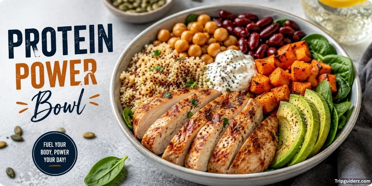 A nutritious protein power bowl filled with quinoa, chicken, assorted vegetables, and topped with fresh avocado.