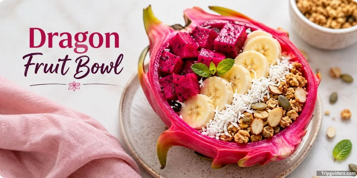 A dragon fruit bowl adorned with a mix of nuts and seeds, presenting a colorful and healthful culinary creation.
