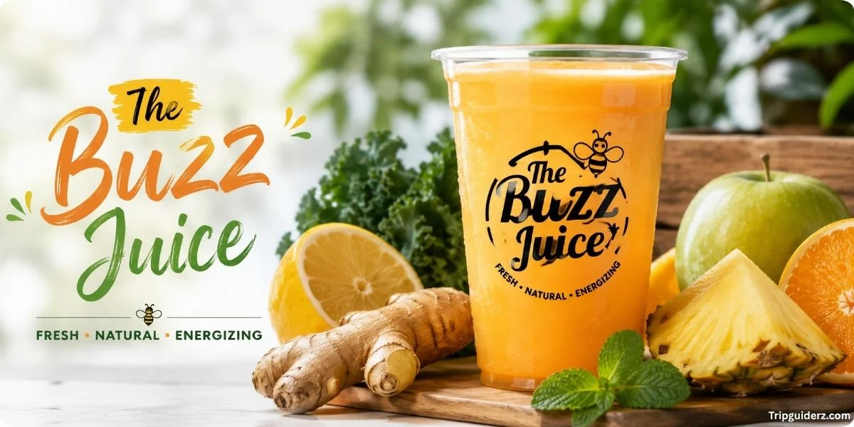 A colorful display of fresh fruits and vegetables at The Buzz Juice, a lively juice bar.