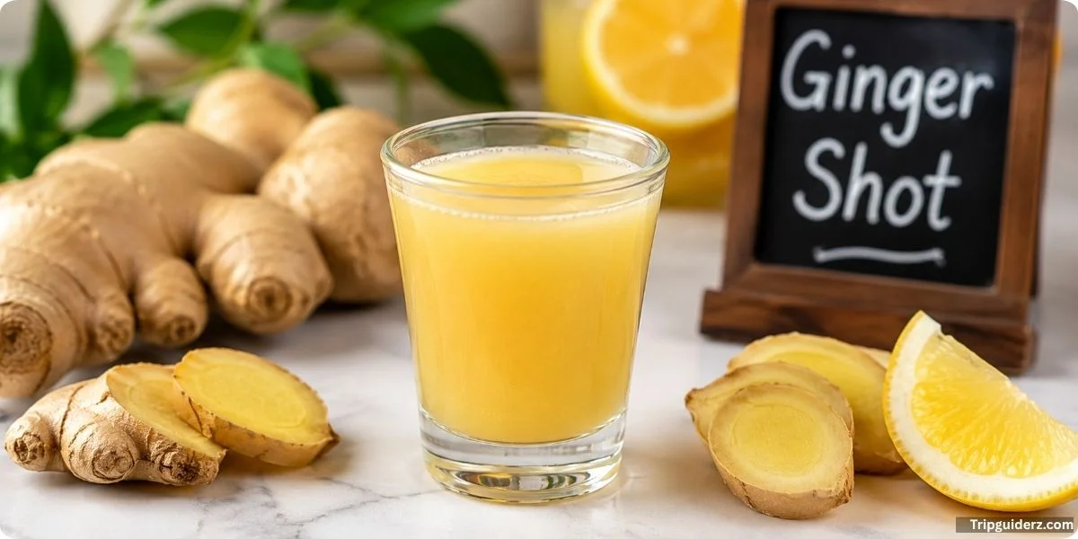 A close-up of a ginger shot in a small glass, surrounded by fresh ginger and lemon slices on a wooden surface.