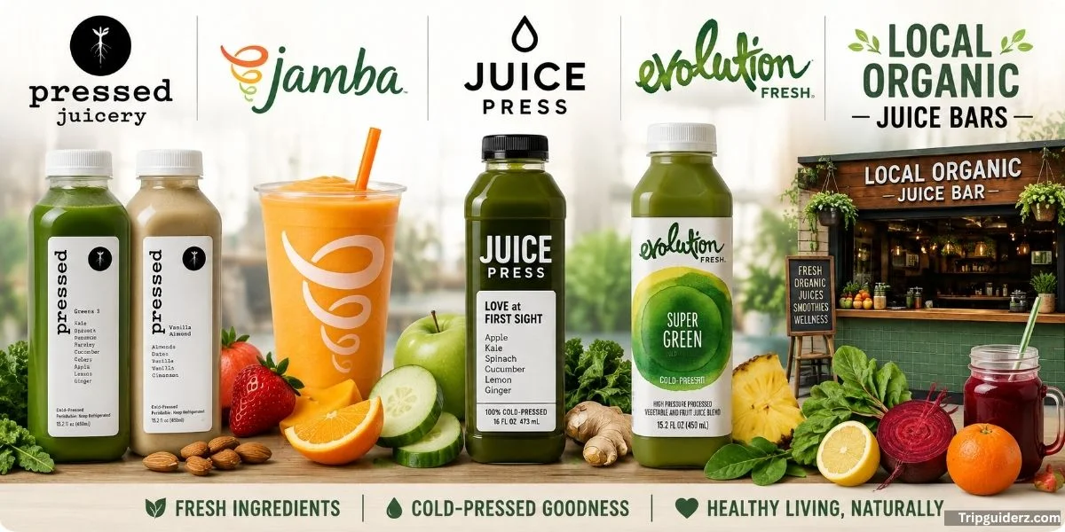 A vibrant juice bar display featuring an array of colorful juices and fresh fruits in clear containers.