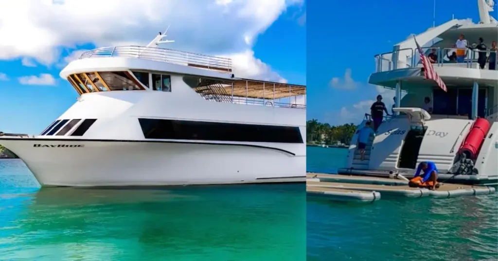 A large, multi-level 'Bayride' mega yacht on the water and a close-up shot of people relaxing on the back of a luxury yacht