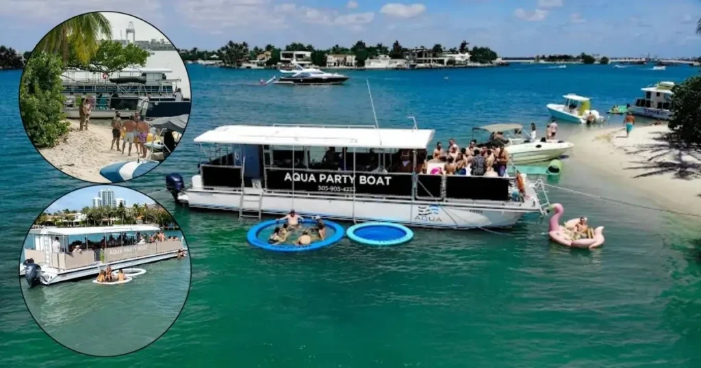 A group of people enjoying a Miami boat party on a pontoon boat named 'Aqua Party Boat'. People are in the water with floating rings, and others are on a sandy beach nearby.