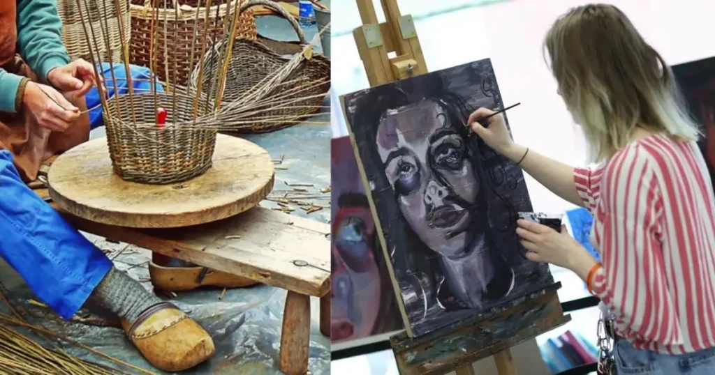 A person weaving a wicker basket, with a wooden stool and weaving tools nearby, a young woman in a striped shirt painting a dark, emotive portrait on an easel.