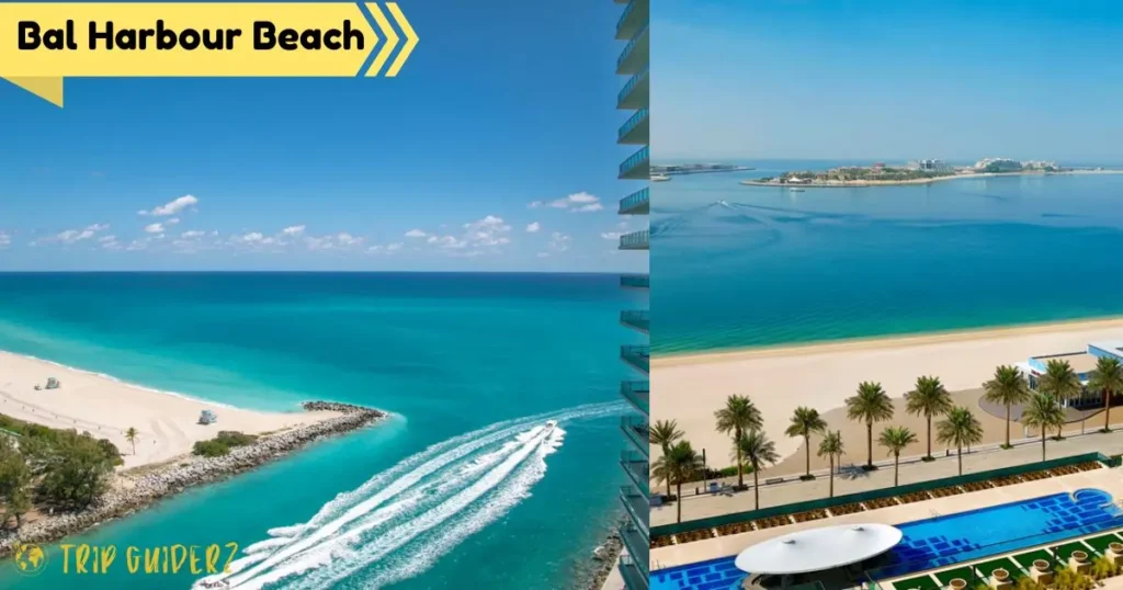 A collage of serene Bal Harbour Beach in Miami, featuring turquoise water, white sand, palm trees, and modern beachfront buildings