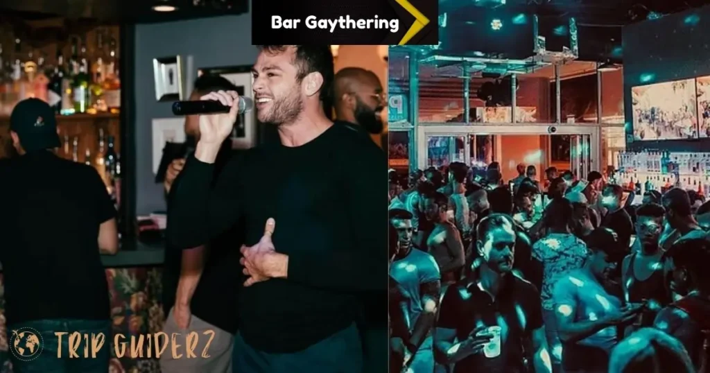 A man singing at a vibrant party in Bar Gaythering, Miami, with a lively crowd enjoying the entertainment in the background.