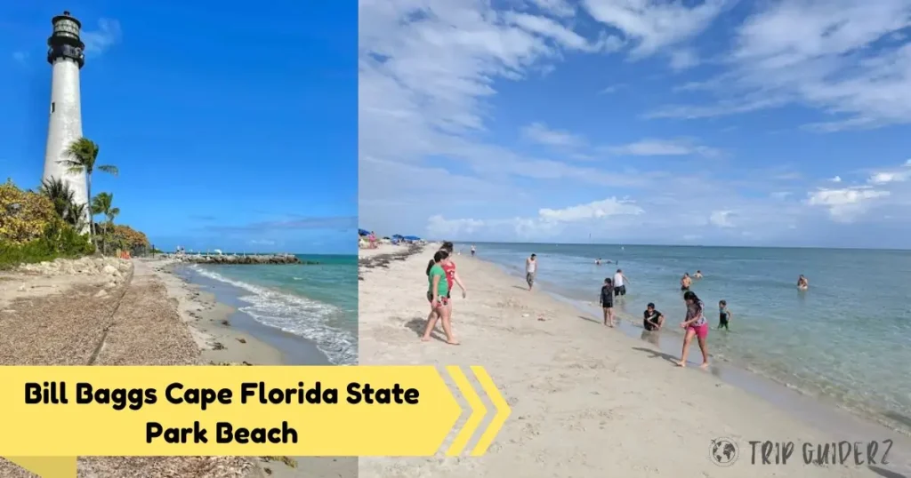 A collage of Bill Baggs Cape Florida State Park Beach, featuring the historic lighthouse and families enjoying the calm water and sandy shores