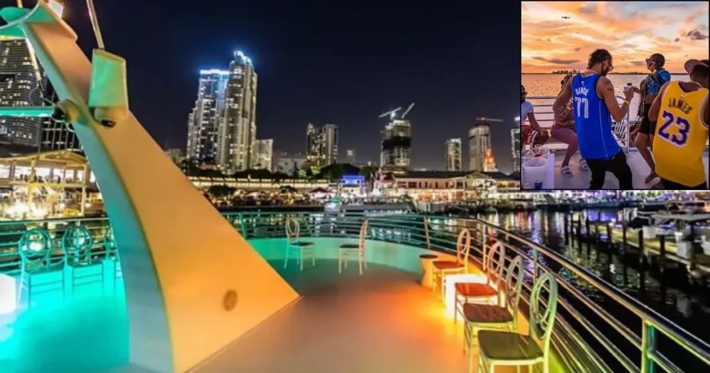 A boat party at night with a skyline view of Miami, with a smaller image showing people dancing on the boat deck at sunset.
