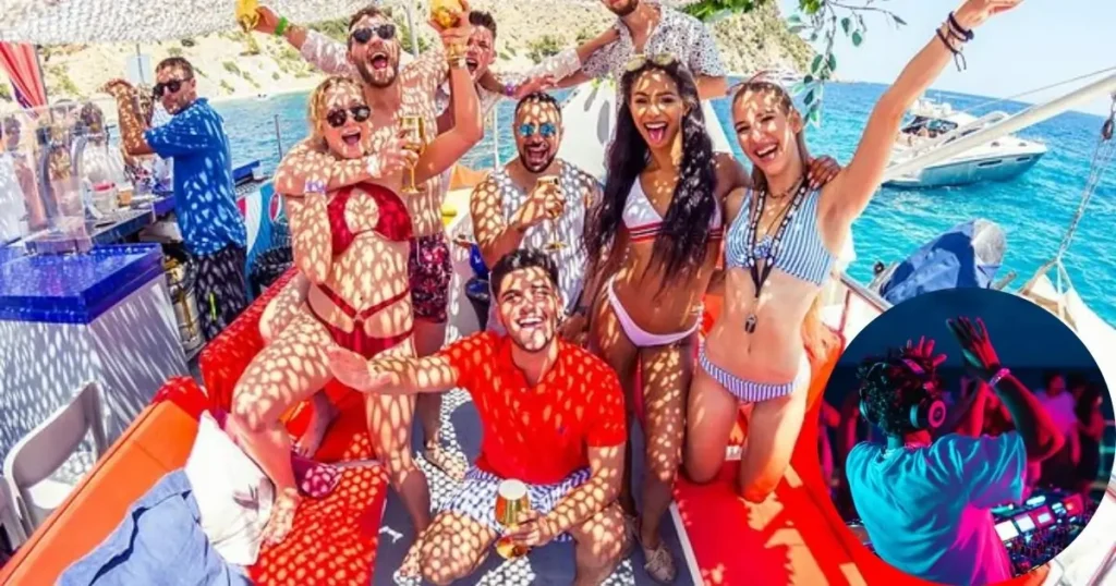 A group of young adults celebrating on a boat party, with a DJ and drinks, against a backdrop of the ocean and a rocky coast