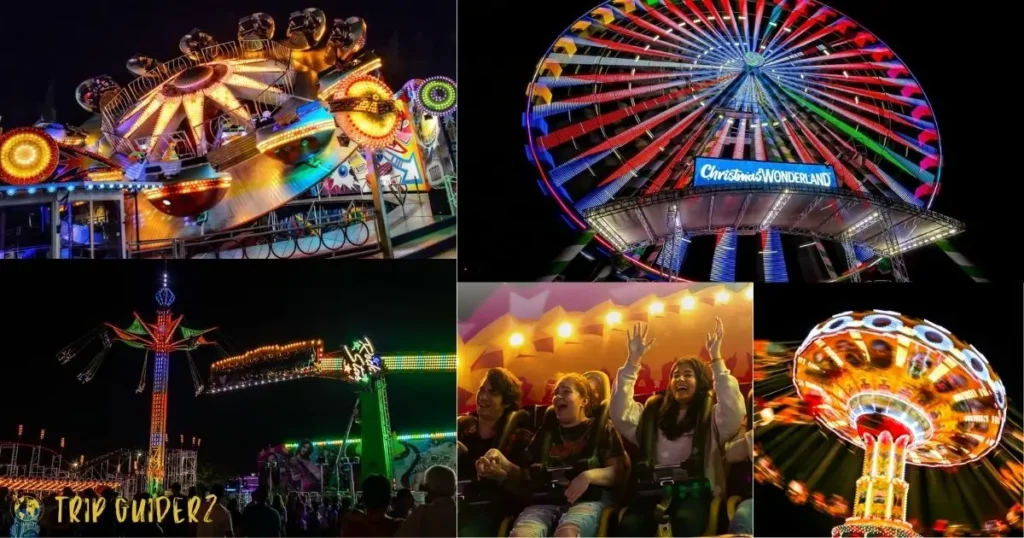 A collection of photos showing thrilling and brightly lit carnival rides like the Ferris wheel and swing carousel at Winter Wonderland Miami