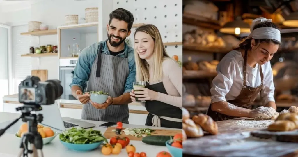 A smiling man and woman filming a cooking show with a camera set up in front of them in a kitchen, a baker with a hair net and apron kneading dough on a wooden counter in a bakery.