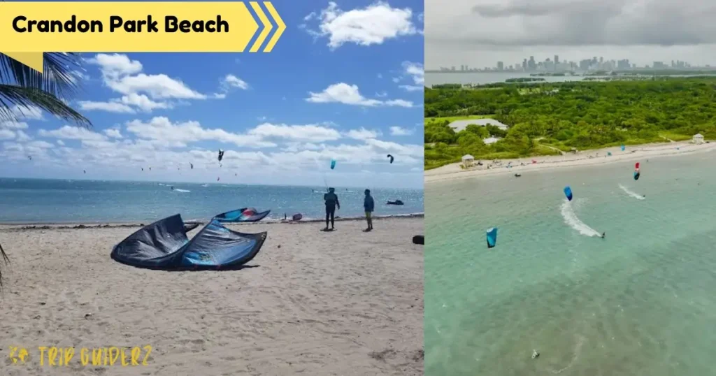 A collage showing kiteboarders and kitesurfers on Crandon Park Beach, a popular spot in Miami for wind-powered water sports