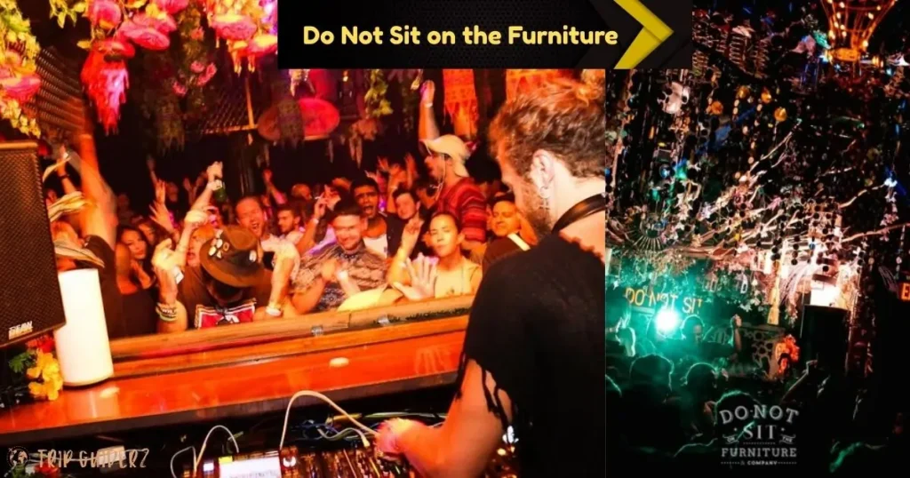 A DJ performing for a crowd at the Do Not Sit on the Furniture nightclub