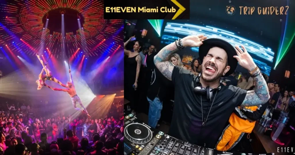 DJ performing for a large crowd and an acrobat act at the E11EVEN Miami club