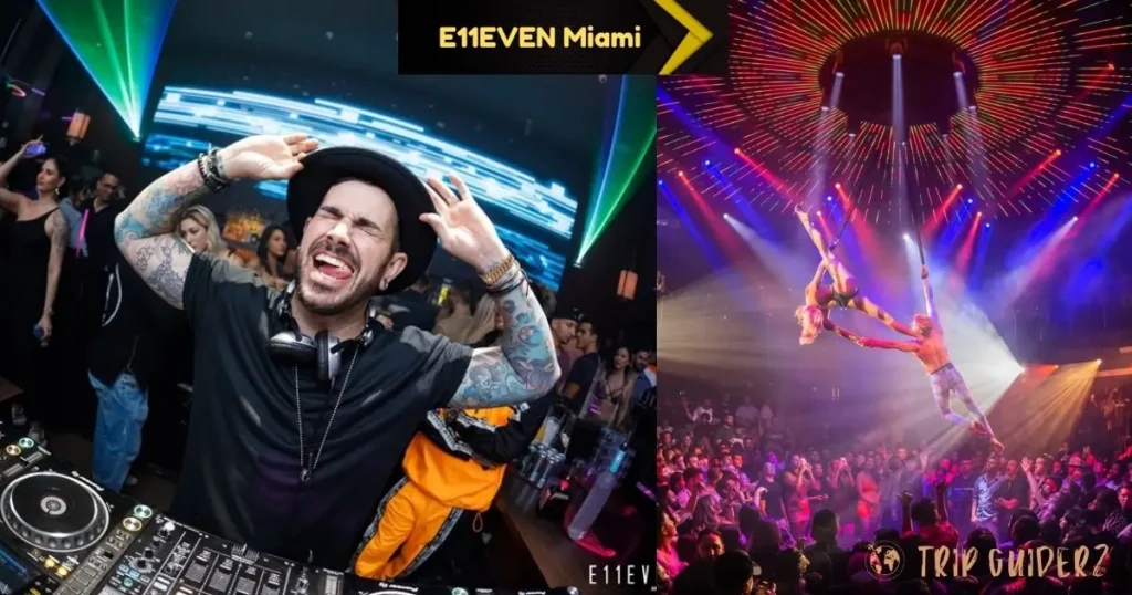 A DJ and a performer doing an aerial act at E11EVEN Miami club