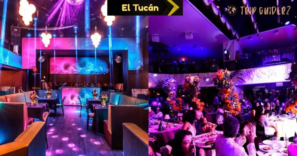A live musical performance with dancers at El Tucán supper club