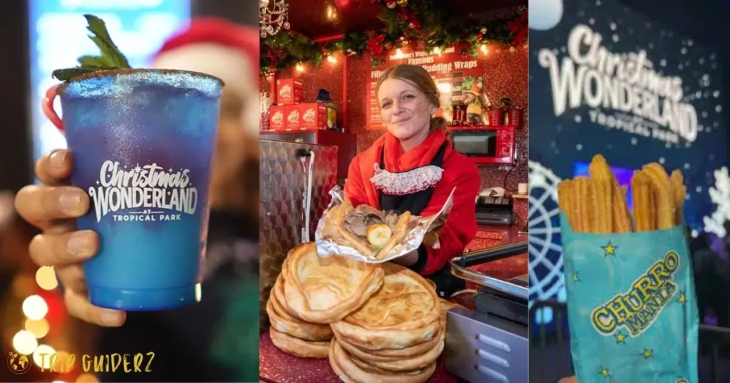 collage of holiday food and drinks at Winter Wonderland Miami, including a festive blue drink, vendor food, and a bag of churros