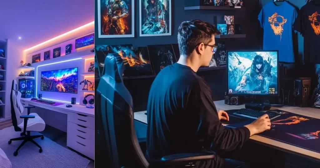 A modern, well-lit gaming room setup with a large monitor, LED lighting, and a comfortable chair, a man sitting in front of a computer monitor, wearing a headset and playing a video game.