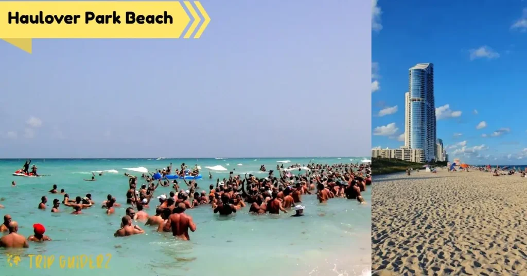 A collage of Haulover Park Beach showing a crowded section in the water and the wide sandy shoreline, a popular and vibrant Miami beach