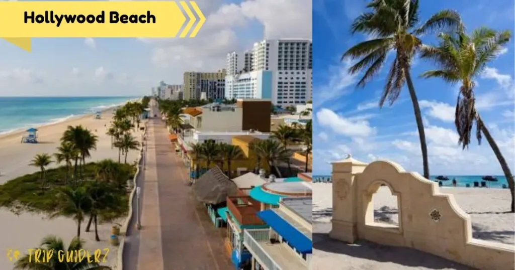 A collage featuring the scenic Hollywood Beach Broadwalk and a sunny beachfront view with palm trees and an iconic archway
