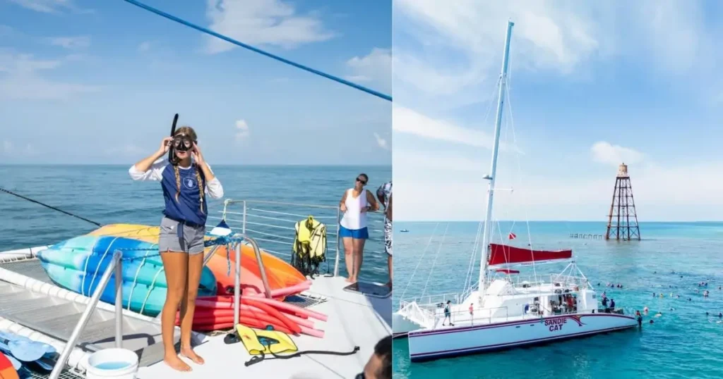 A woman with snorkeling gear on a catamaran boat, with another shot showing the same boat on the water near a coral reef marker, suggesting a Key West tour and snorkeling trip