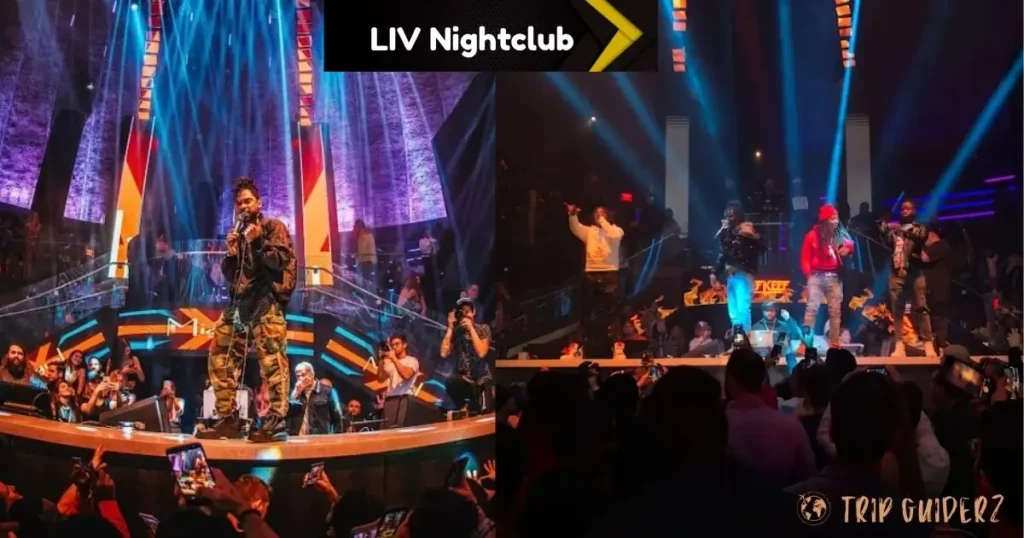 Live musical performance on stage at LIV nightclub in Miami, with a crowd of people watching