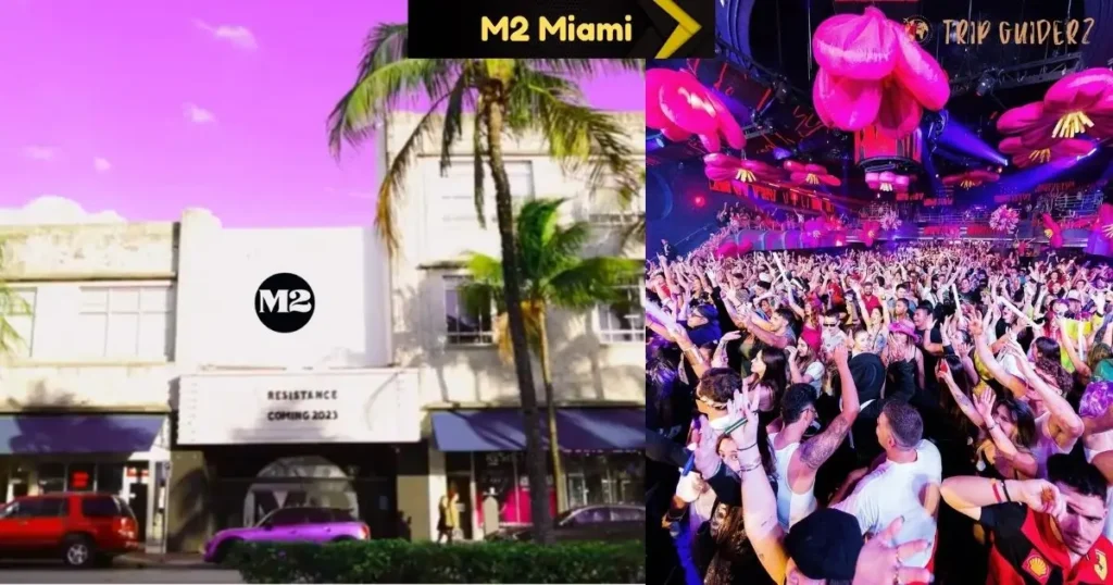 The M2 nightclub in Miami, showing the building exterior and a crowded dance floor inside