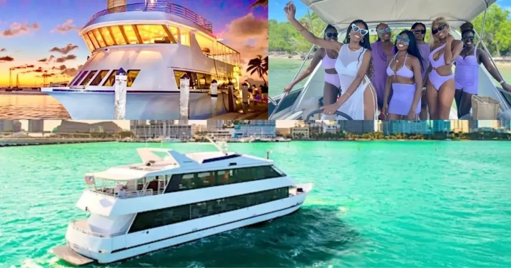 A collage featuring a large white yacht on the water with a Miami skyline, another shot of the same yacht at sunset, and a group of women in white and purple swimsuits enjoying a smaller boat ride.