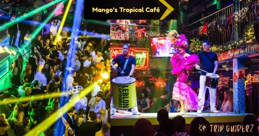 Guests enjoying the vibrant atmosphere with colorful lights at Mango’s Tropical Café nightclub in Miami.