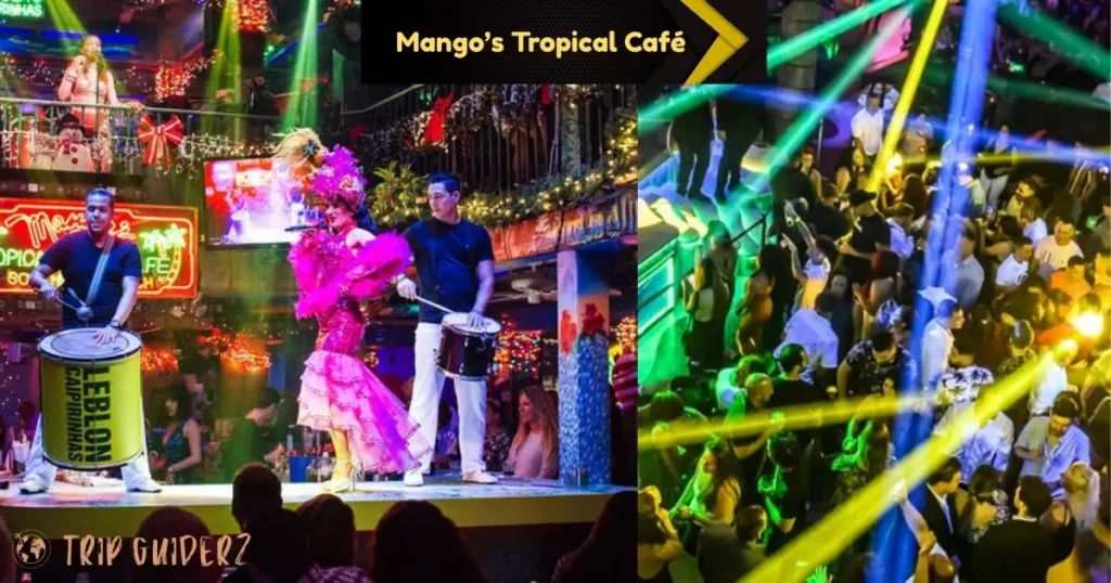 Live tropical-themed performance with drums and singers at Mango's Tropical Café in Miami