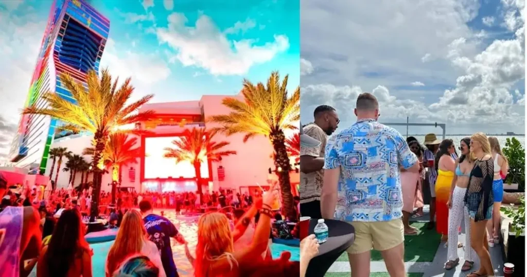 A collage showing a vibrant Miami club scene at a pool party and a group of people socializing on a yacht deck under a cloudy sky.