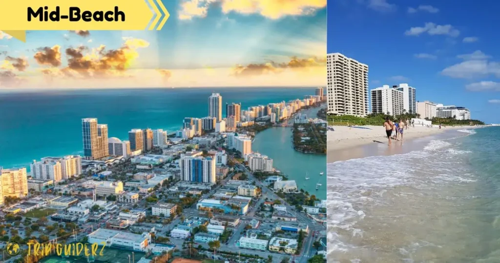 An aerial view of Mid-Beach in Miami with a river flowing to the ocean, and a ground-level view of people walking along the shoreline