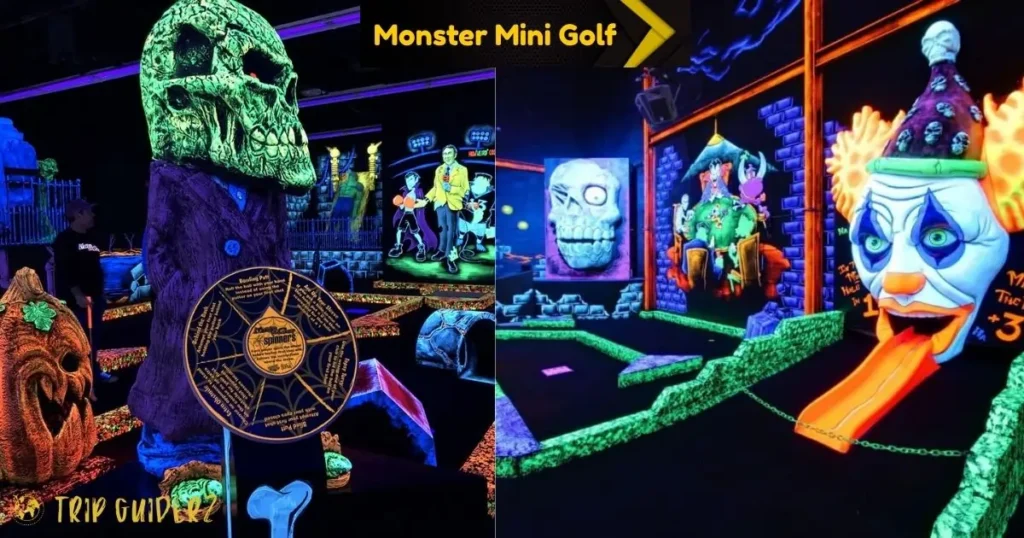 People playing glow-in-the-dark mini golf on a monster-themed course, a fun and unique indoor activity at Monster Mini Golf in Miami