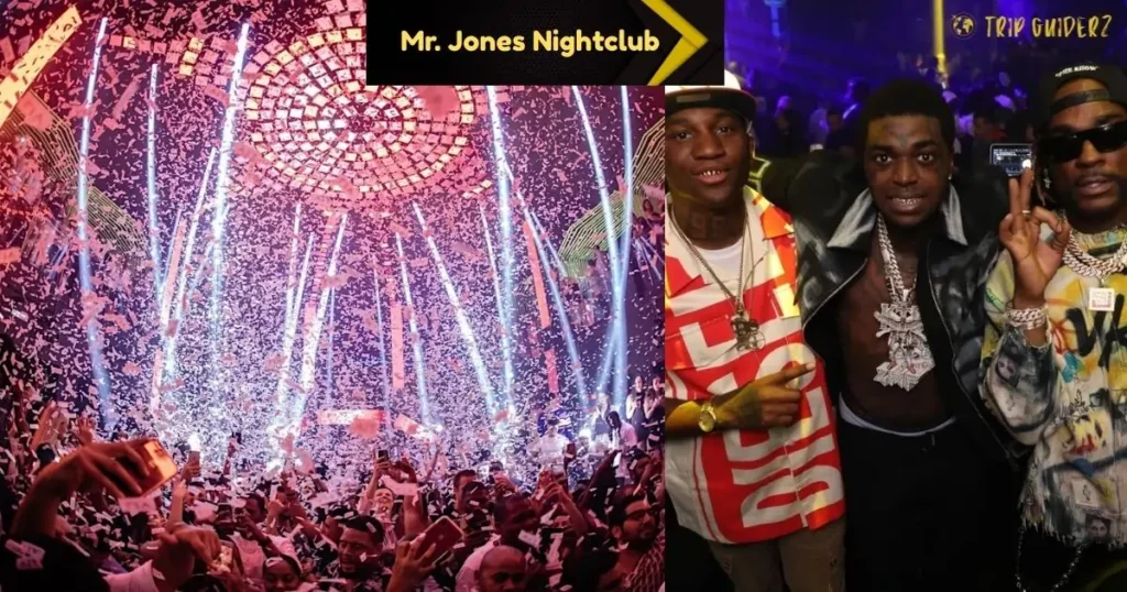 Images from a Miami party at Mr. Jones nightclub, showcasing attendees and a man dressed in a suit.