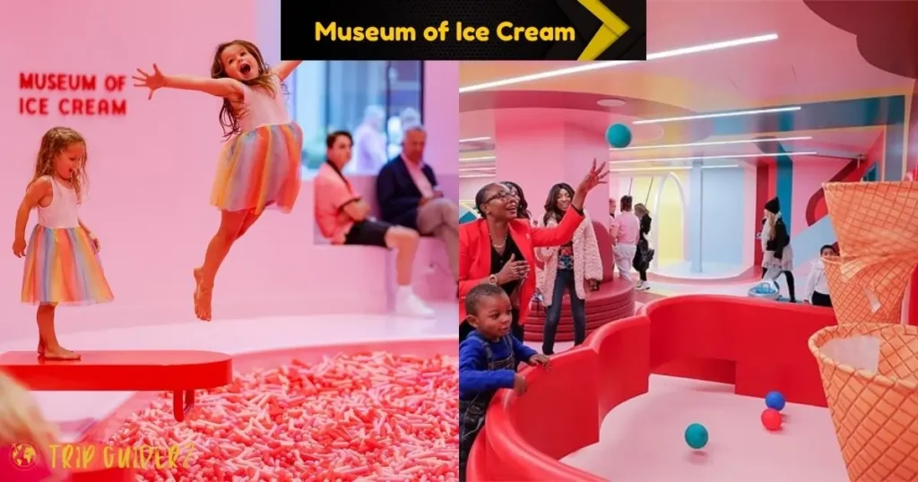 A couple posing with ice cream cones in a colorful, themed room at the Museum of Ice Cream in Miami