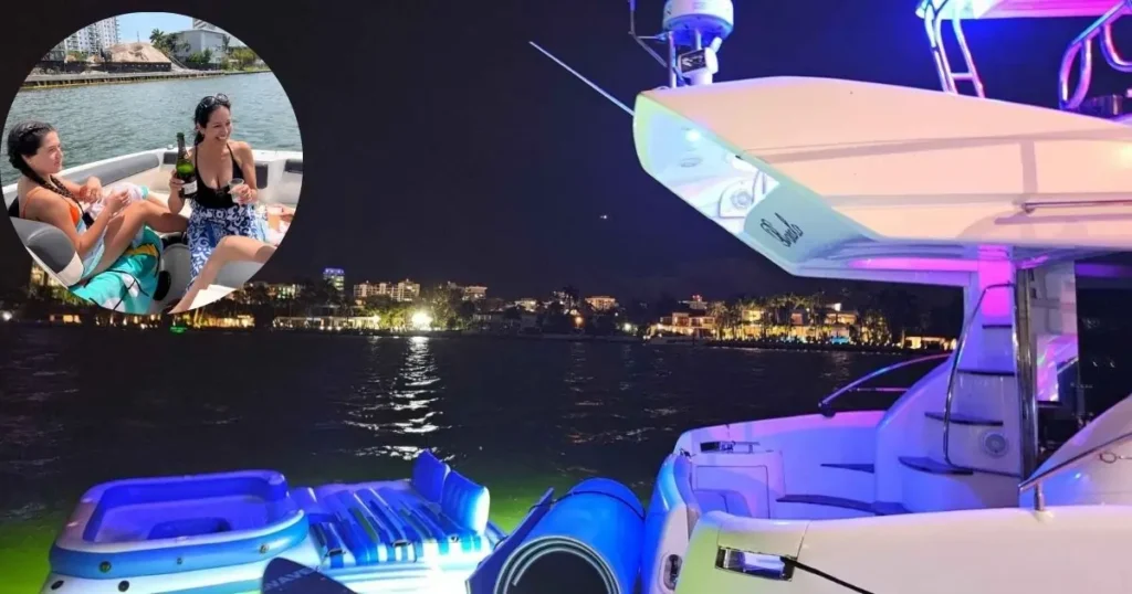 A collage of a yacht at night with bright lights on the water in North Bay Village, and an inset of two women enjoying a bottle of champagne on a small boat.