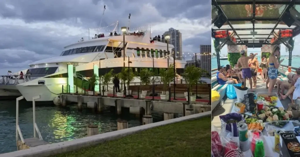 A collage of a huge white party boat docked at night, decorated with lights, and a close-up of a group of people enjoying food and drinks on a boat deck during the day.