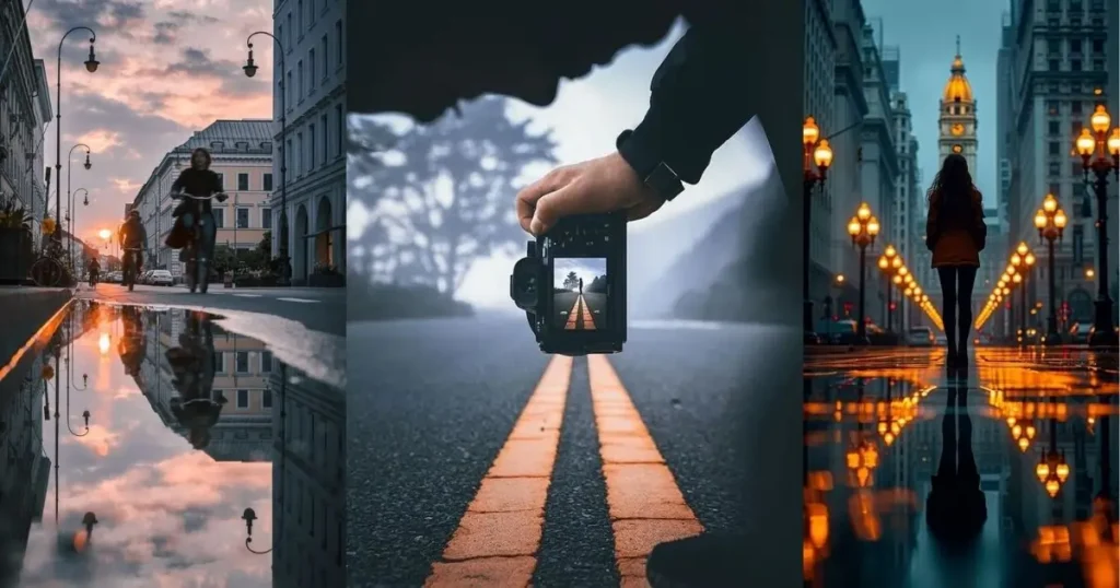 Two people on bicycles reflected in a large puddle on a wet city street at sunset, a person in an anorak bending down to capture a straight, orange road line on a foggy day with a camera, a woman viewed from behind walking down a long, wet city street with orange lanterns and tall buildings.