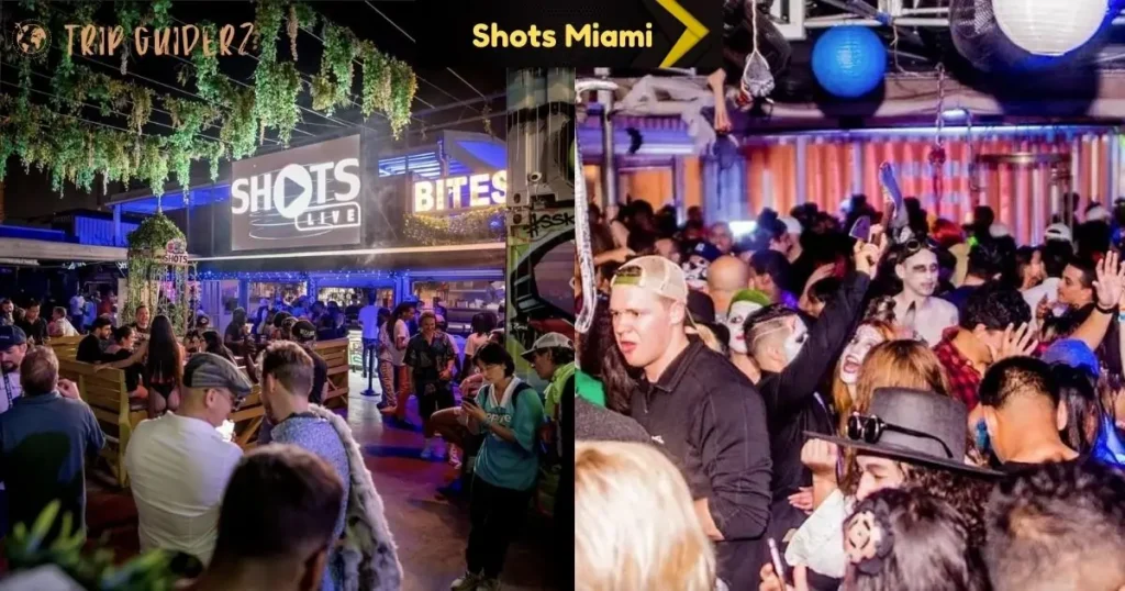 The exterior of Shots Miami with people seated at tables and a vibrant Halloween-themed party inside