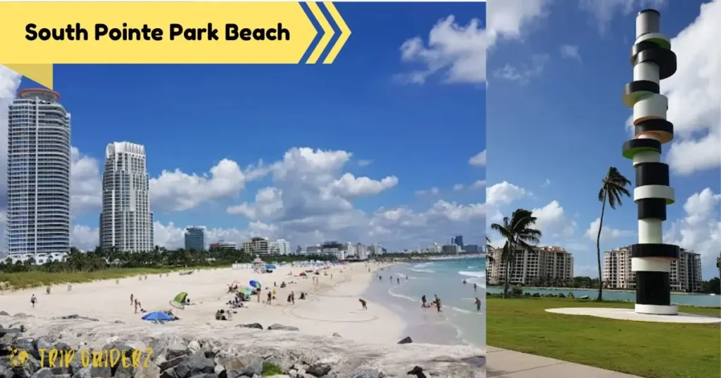 A collage showing the popular South Pointe Park Beach with modern high-rises and a distinctive striped sculpture in Miami