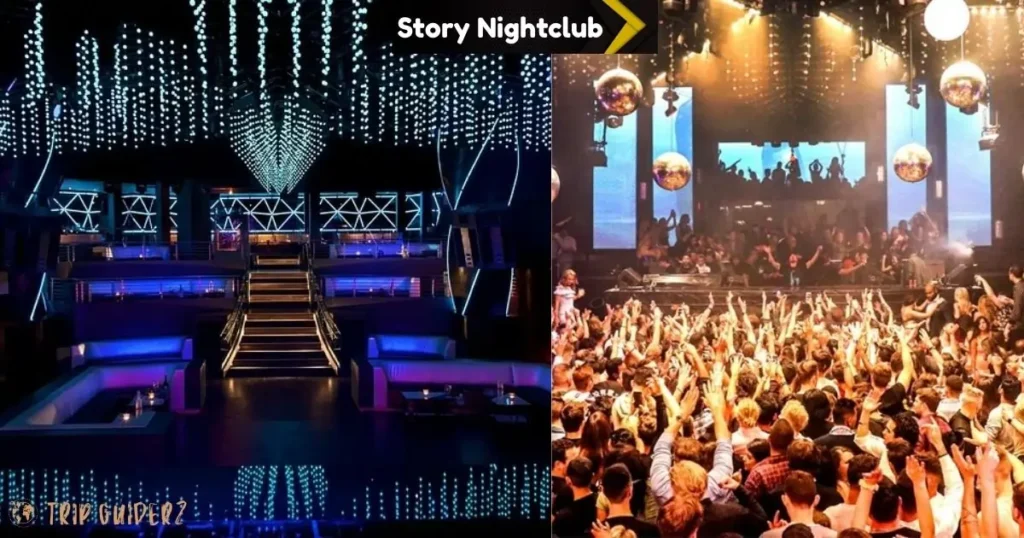 A large crowd dancing under disco balls and a view of the seating area at Story Nightclub in Miami
