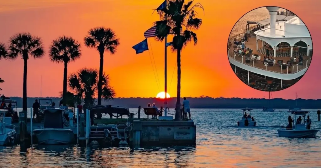 A beautiful sunset over the water with palm trees and a dock in the foreground, and an inset photo showing a group of people relaxing on the deck of a boat.