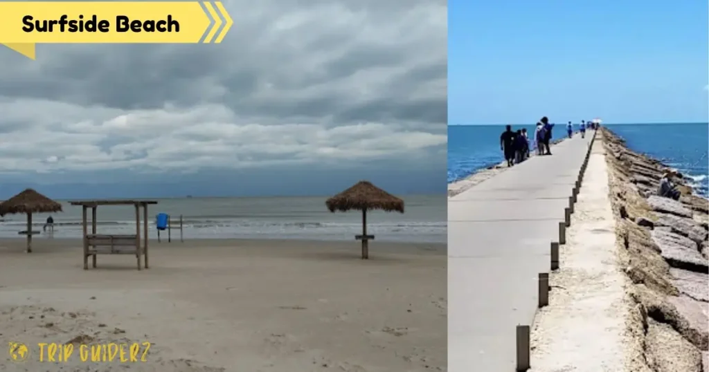 A collage of serene Surfside Beach showing a calm, empty stretch of sand and a scenic pier for a peaceful beach experience in Miami.