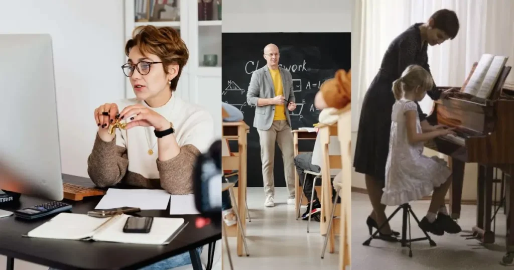 A woman with glasses on a video call, appearing to be teaching from a laptop, a bald man in a yellow cardigan and glasses in front of a blackboard, with a student in a classroom, a young girl with pigtails learning to play the piano with a woman.