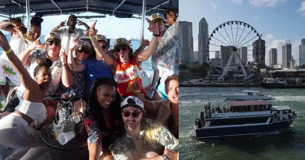 A group of friends partying on a boat in Miami with a panoramic view of the city skyline, including the Bayside Marketplace Ferris wheel.