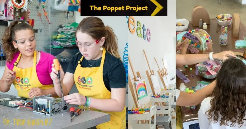 A collage showing kids participating in hands-on STEM and art workshops at The Poppet Project, a fun indoor activity in Miami